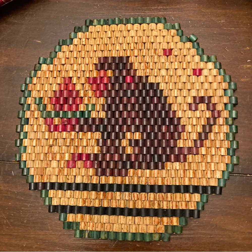 Vintage Monkey with Fruit Wood Bead Trivet Hot Pad Kitschy